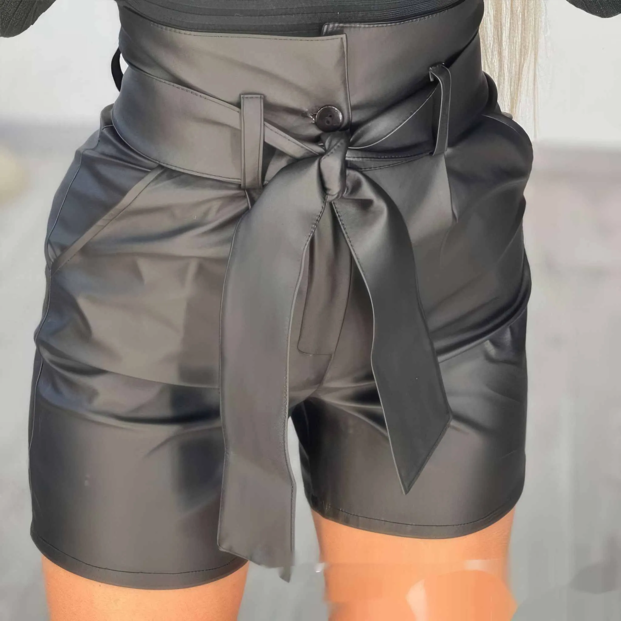 Glow Chic's High-Waist Black PU Shorts with Belt – Slim Fit Design