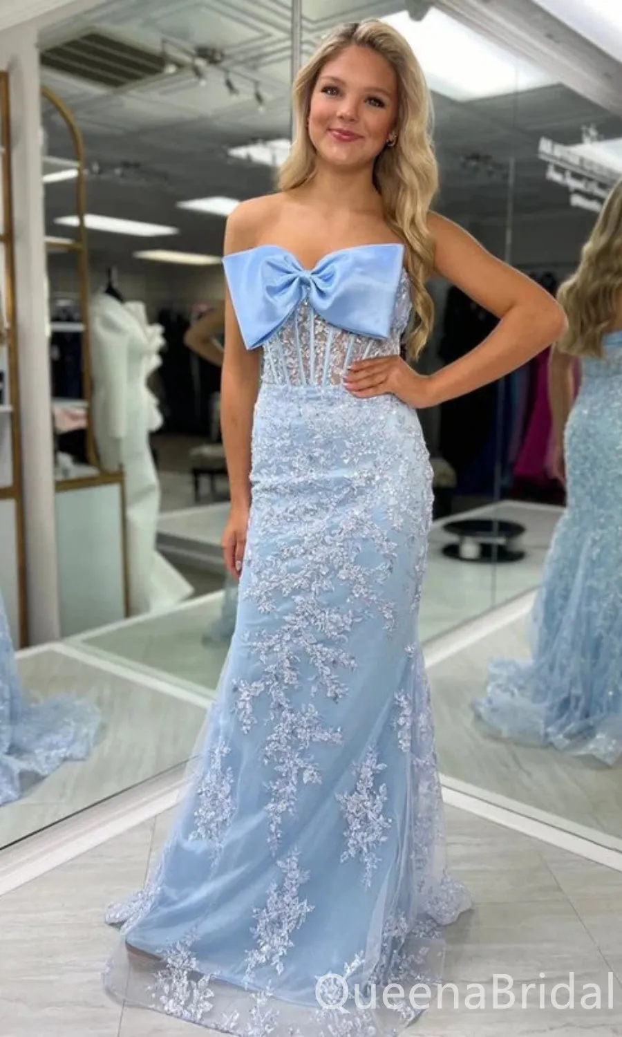 Gorgeous Pink/Blue Strapless Lace Appliques Bow Mermaid Long Prom Dresses ,WGP1626