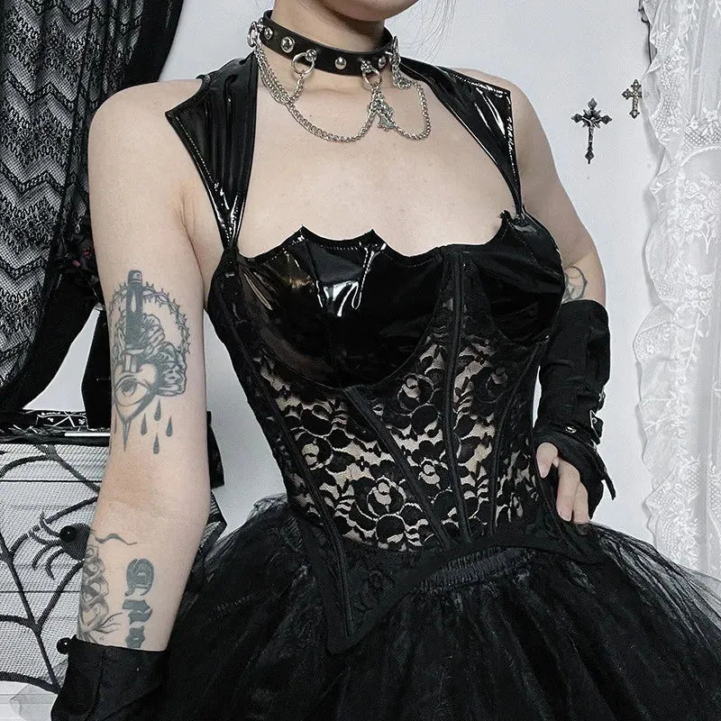 Gothic PU Leather Steampunk Grunge Vintage Lace Mesh Sexy Sleeveless Crop Top
