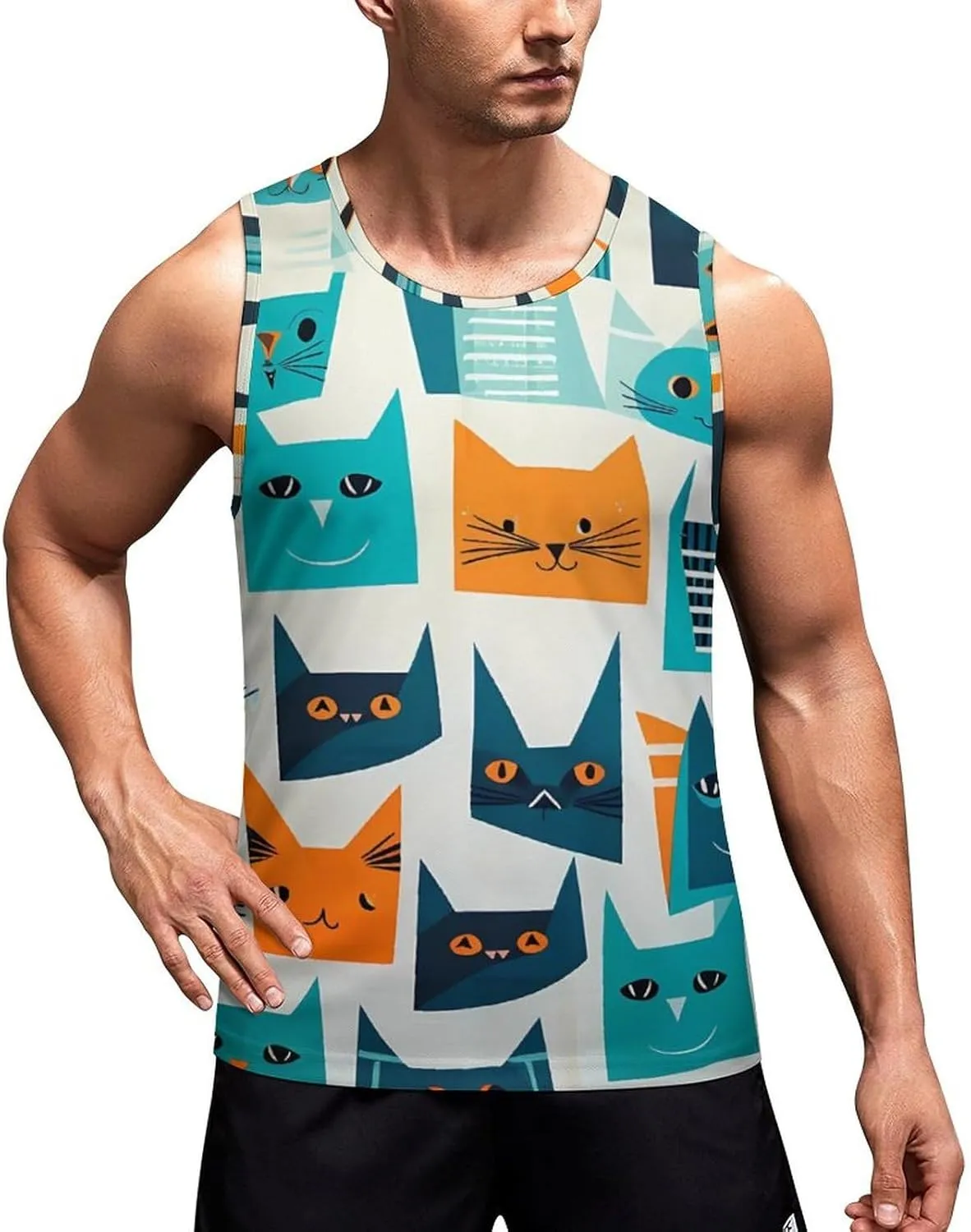 Graphic Cat Pattern Mens Tank Top Undershirt Sleeveless Gym Vest Workout T-Shirts