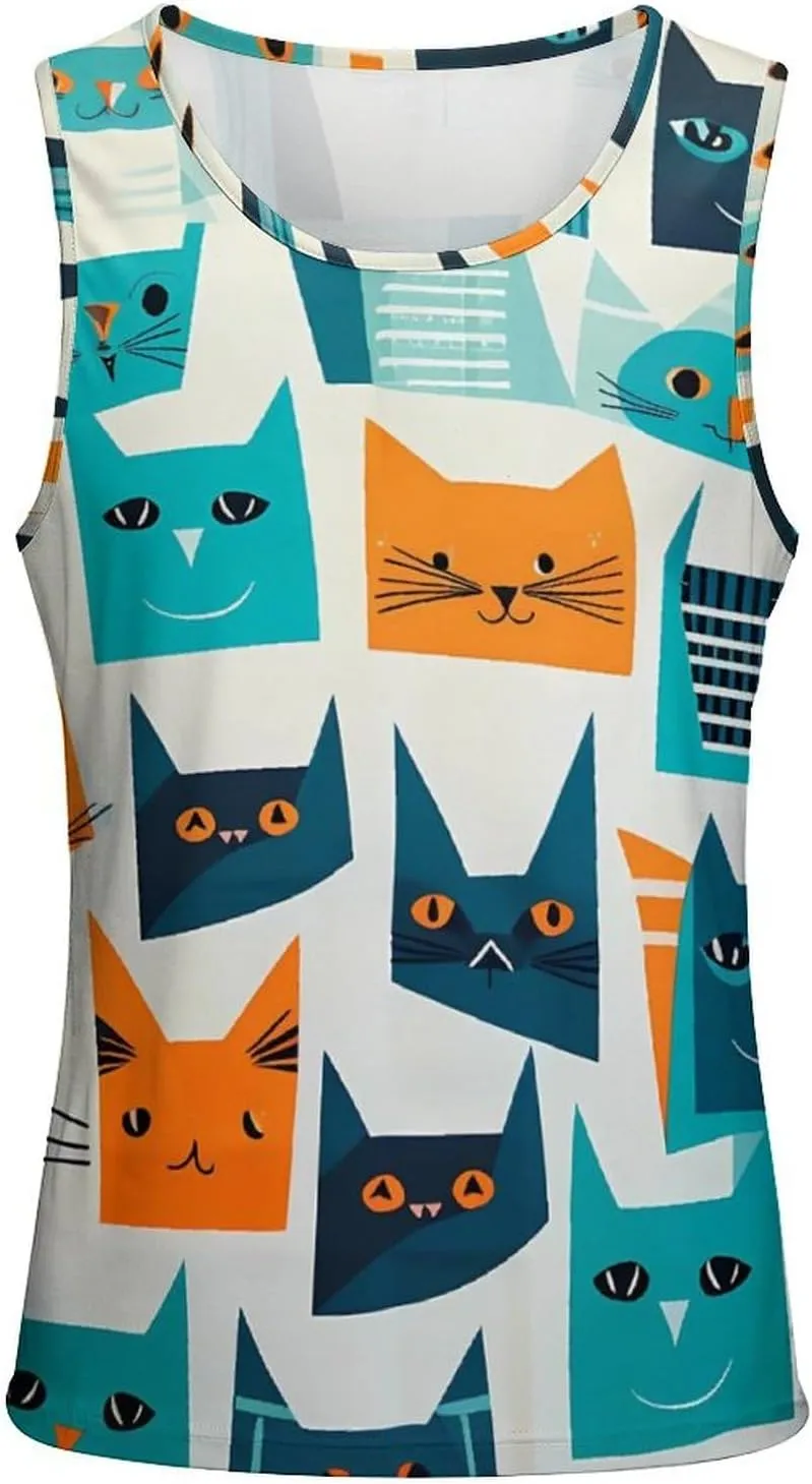 Graphic Cat Pattern Mens Tank Top Undershirt Sleeveless Gym Vest Workout T-Shirts