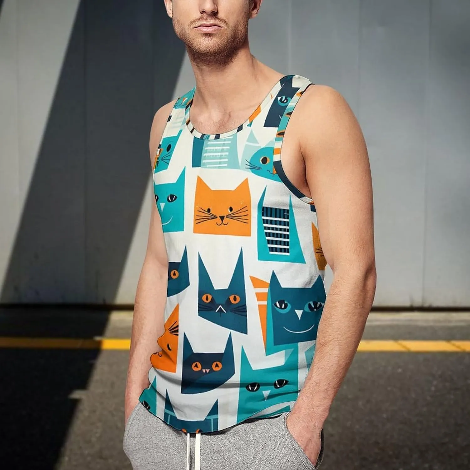 Graphic Cat Pattern Mens Tank Top Undershirt Sleeveless Gym Vest Workout T-Shirts