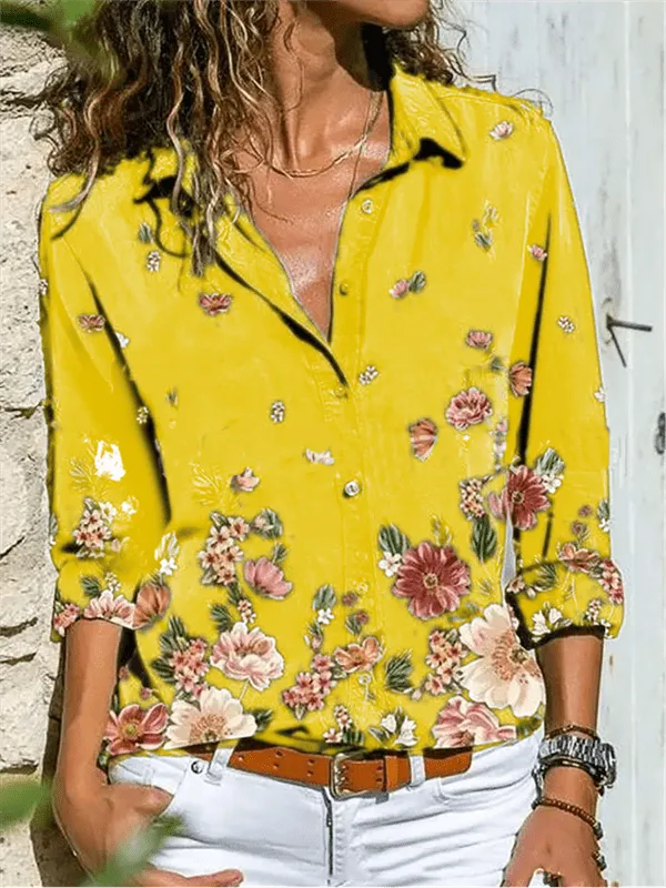 Gray Shawl Collar Long Sleeve Printed Shirts & Tops