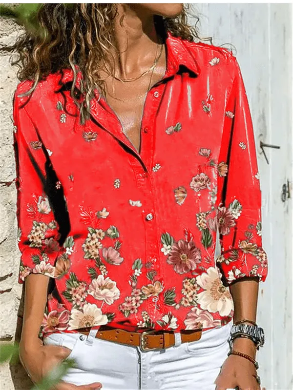 Gray Shawl Collar Long Sleeve Printed Shirts & Tops