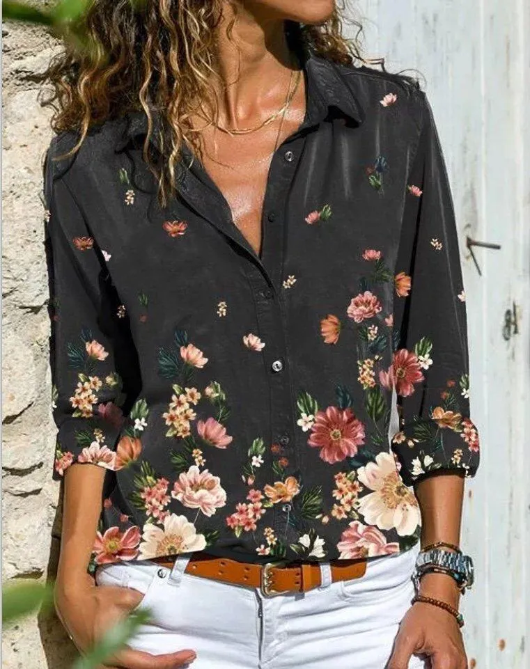 Gray Shawl Collar Long Sleeve Printed Shirts & Tops