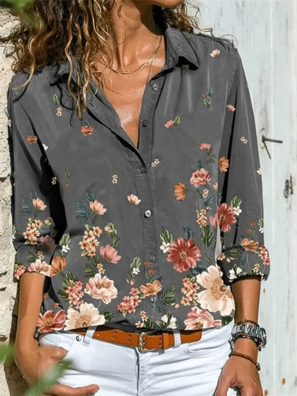 Gray Shawl Collar Long Sleeve Printed Shirts & Tops
