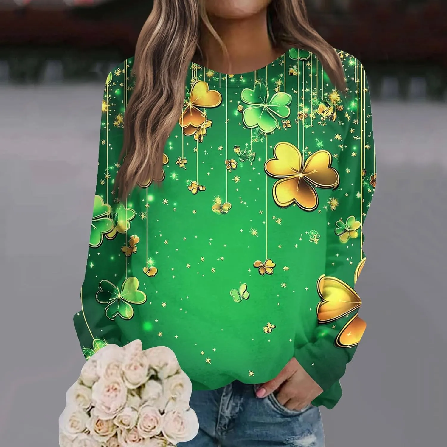 Green St Patricks Day SweatshirtWomens Long Sleeve Sweatshirt Round Neck Shamrock Print Loose Pullover