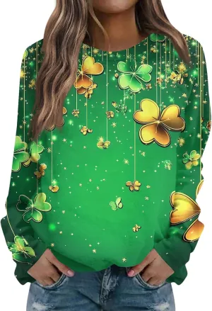 Green St Patricks Day SweatshirtWomens Long Sleeve Sweatshirt Round Neck Shamrock Print Loose Pullover