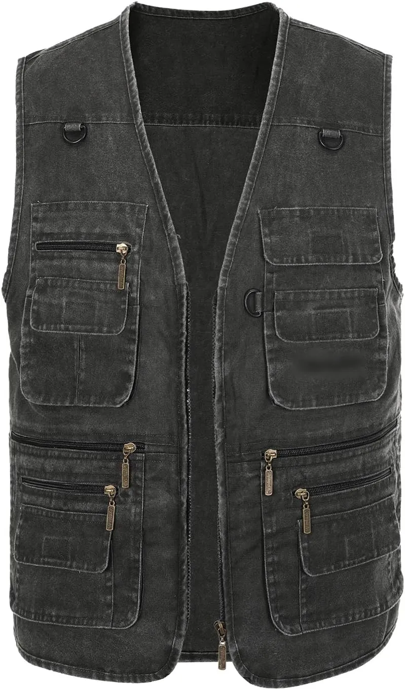 Hbufnha Men's Denim Vest Outdoor Casual Multi Pocket Sleeveless Jacket Jean Work Travel Utility Vest
