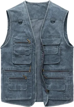 Hbufnha Men's Denim Vest Outdoor Casual Multi Pocket Sleeveless Jacket Jean Work Travel Utility Vest