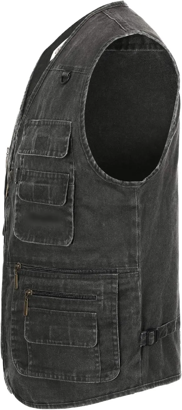 Hbufnha Men's Denim Vest Outdoor Casual Multi Pocket Sleeveless Jacket Jean Work Travel Utility Vest