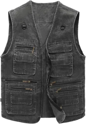 Hbufnha Men's Denim Vest Outdoor Casual Multi Pocket Sleeveless Jacket Jean Work Travel Utility Vest