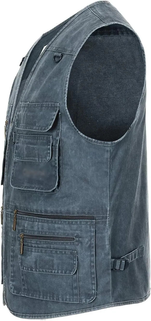 Hbufnha Men's Denim Vest Outdoor Casual Multi Pocket Sleeveless Jacket Jean Work Travel Utility Vest