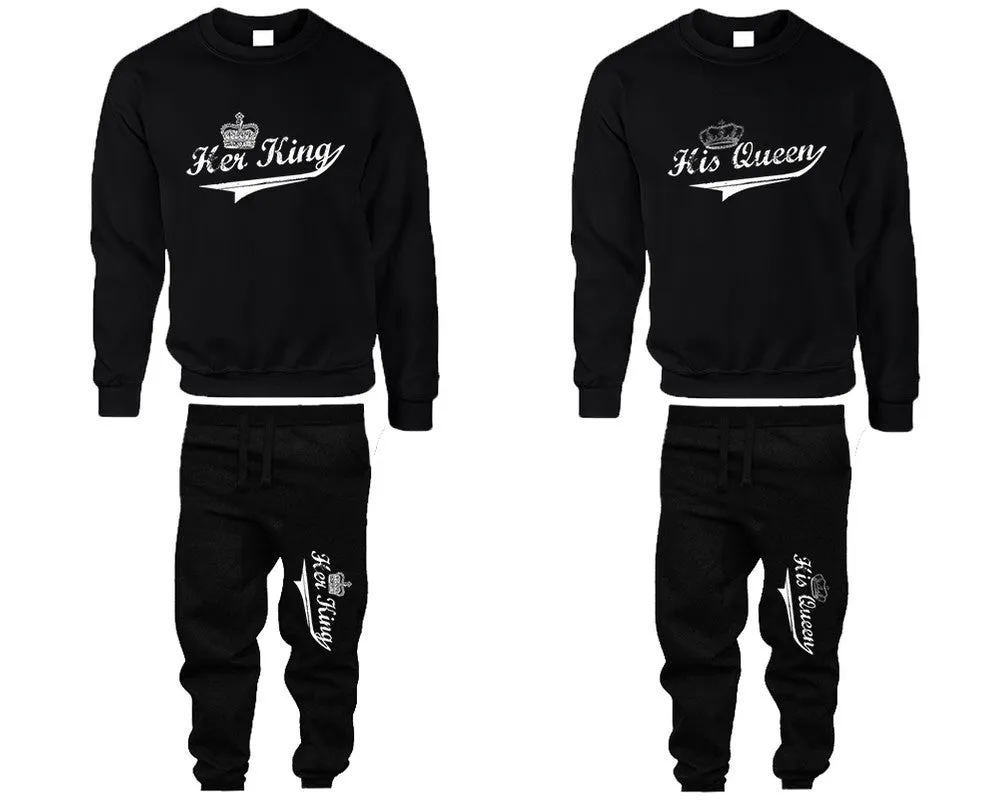 Her King & His Queen Couple Matching Crewneck Sweaters and Jogger Pants – Stylish Unisex Top & Bottom Set | Mix & Match 4 Items Sold Separately