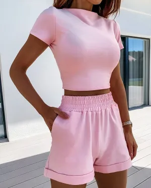 Hirigin 2 Piece Set Women Summer O-Neck Casual Crop Top 2020 Female Clothing Tracksuit Pockets Loose Shorts Two Piece