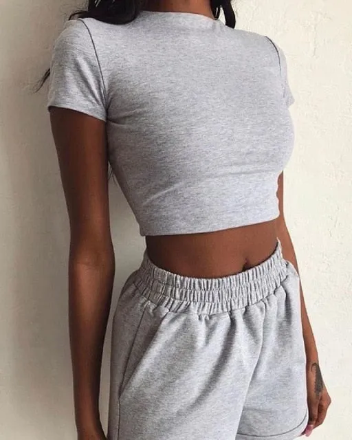 Hirigin 2 Piece Set Women Summer O-Neck Casual Crop Top 2020 Female Clothing Tracksuit Pockets Loose Shorts Two Piece