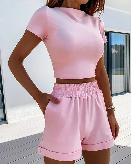 Hirigin 2 Piece Set Women Summer O-Neck Casual Crop Top 2020 Female Clothing Tracksuit Pockets Loose Shorts Two Piece