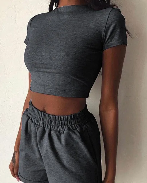 Hirigin 2 Piece Set Women Summer O-Neck Casual Crop Top 2020 Female Clothing Tracksuit Pockets Loose Shorts Two Piece