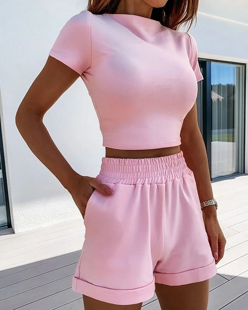 Hirigin 2 Piece Set Women Summer O-Neck Casual Crop Top 2020 Female Clothing Tracksuit Pockets Loose Shorts Two Piece