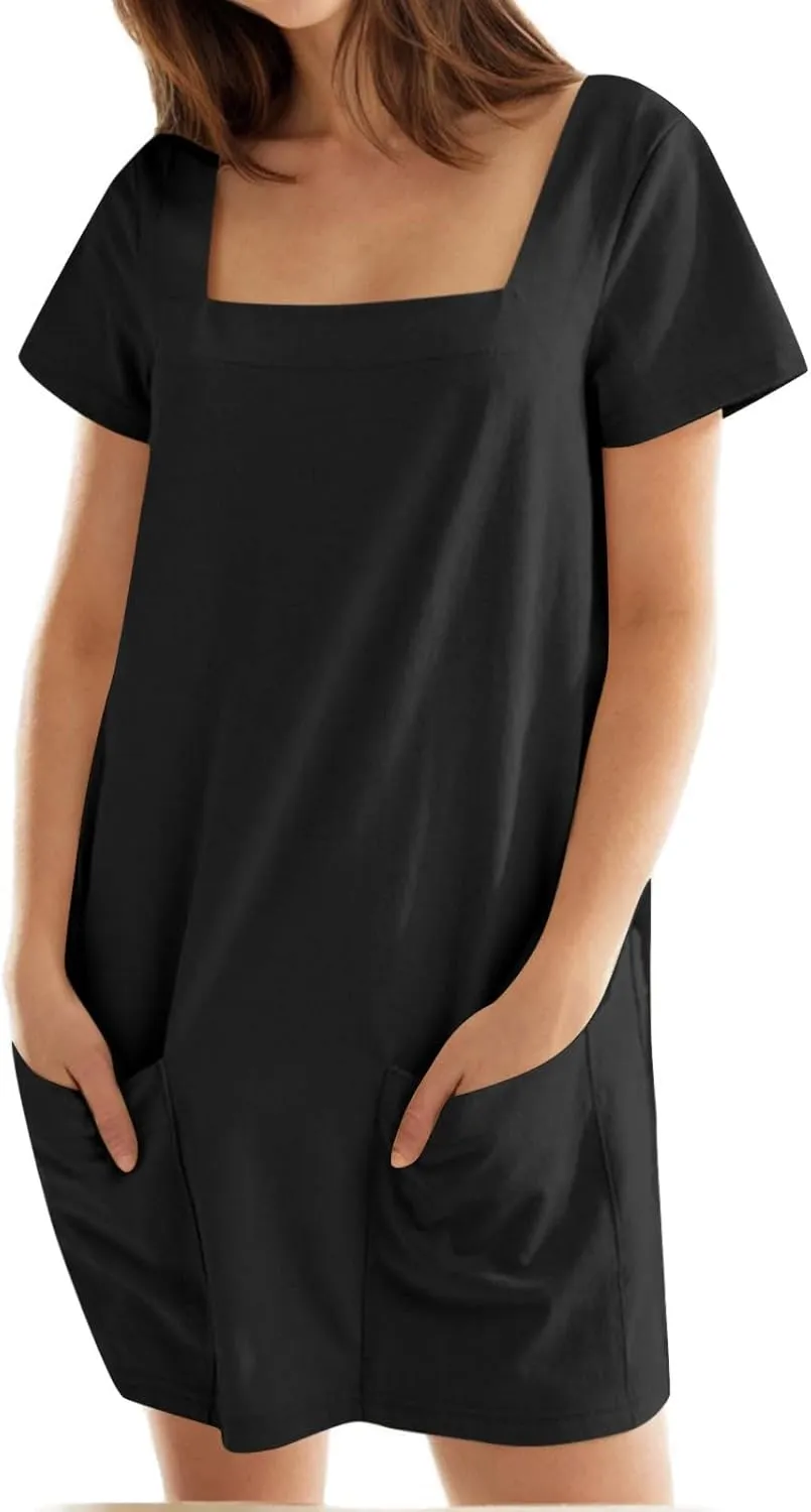 hlysgo Beach Dresses for Women 2025 Summer Short Sleeve Square Neck Casual Dress Solid Soft Comfy Mini Dress with Pockets