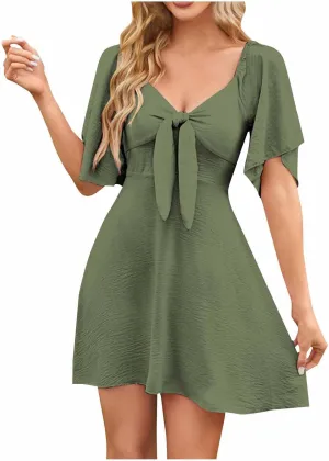 hlysgo Summer Dress for Women 2025 Trendy A-Line Flowy Mini Dress Casual Loose Fit Short Sleeve V Neck Going Out Dresses