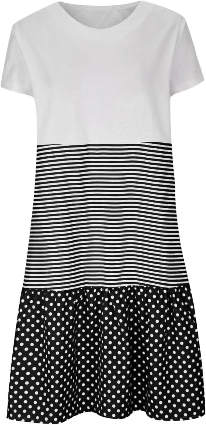 hlysgo Womens Summer Dress 2025 Casual Short Sleeve Crew Neck Mini Dresses Lightweight Plus Size Peplum Boho Beach Dress