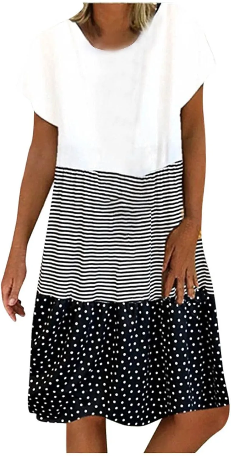 hlysgo Womens Summer Dress 2025 Casual Short Sleeve Crew Neck Mini Dresses Lightweight Plus Size Peplum Boho Beach Dress