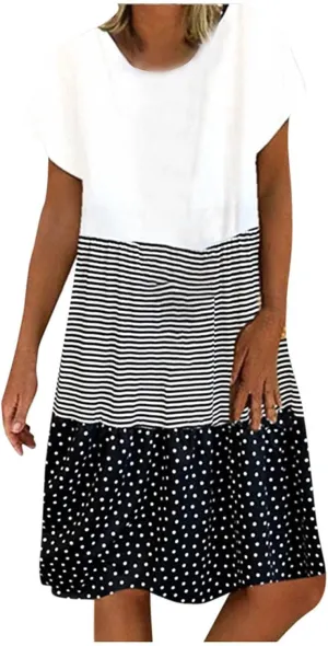 hlysgo Womens Summer Dress 2025 Casual Short Sleeve Crew Neck Mini Dresses Lightweight Plus Size Peplum Boho Beach Dress