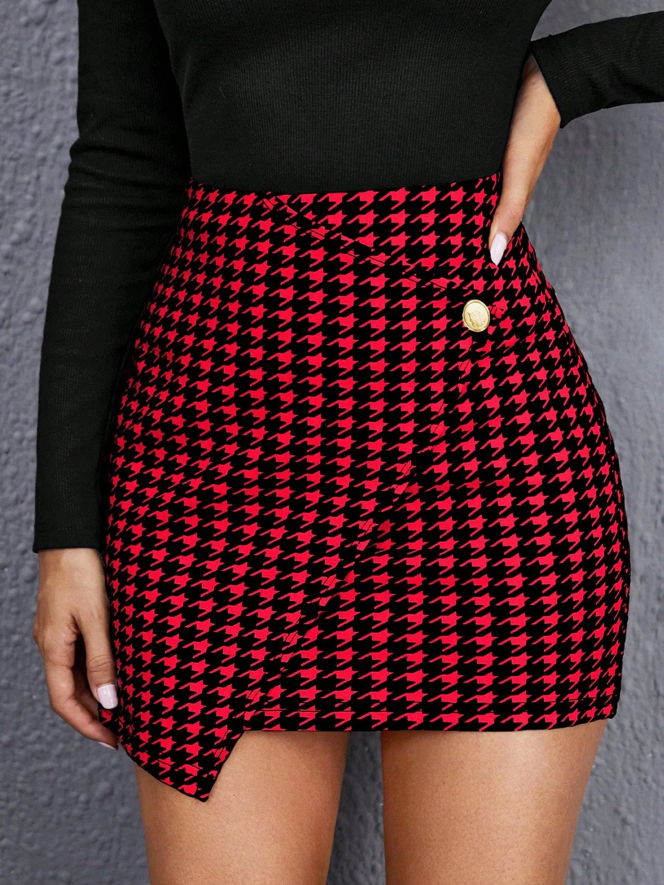 Houndstooth Print Wrap Skirt