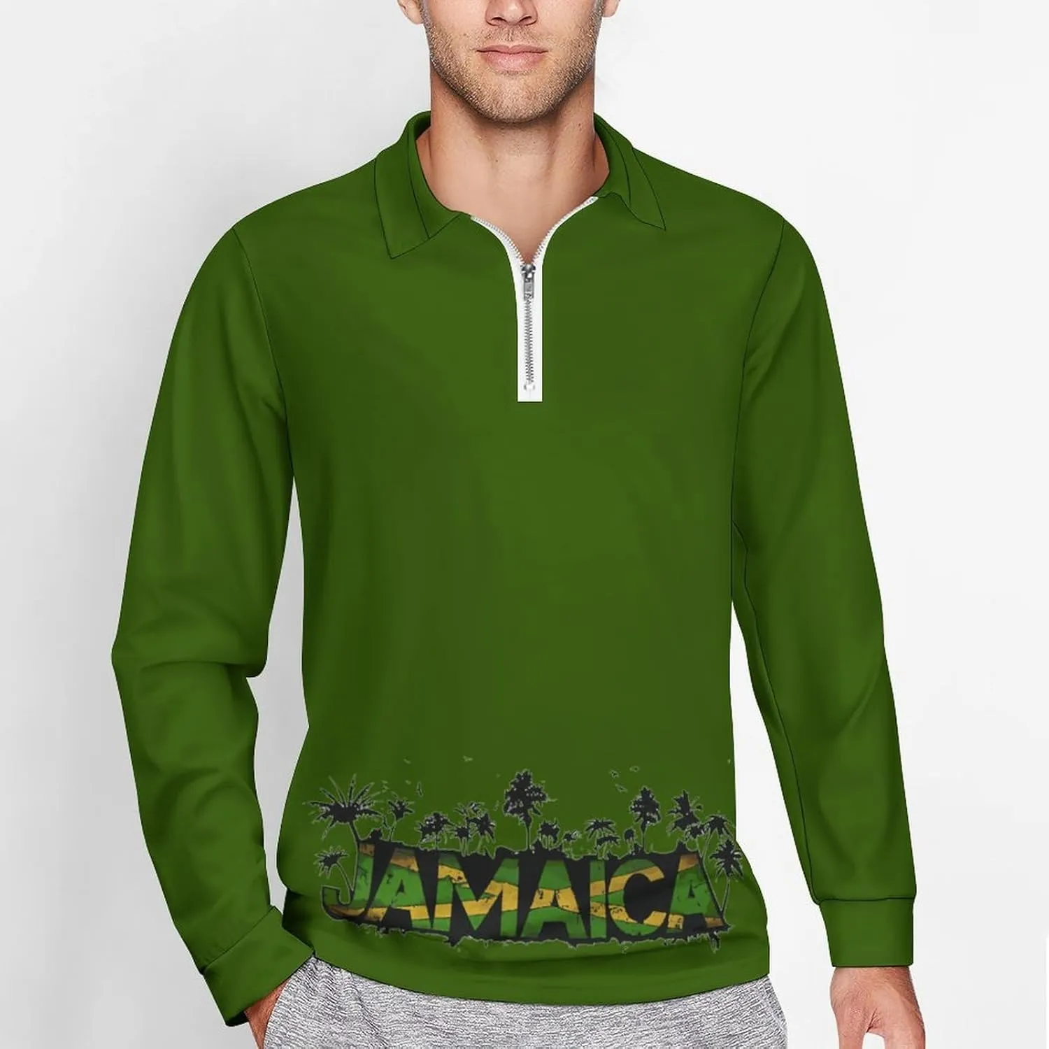Jamaican Flag Men's Lapel Neck Polo- Shirts Slim Fit Long Sleeve Golf T-Shirts Casual Tees