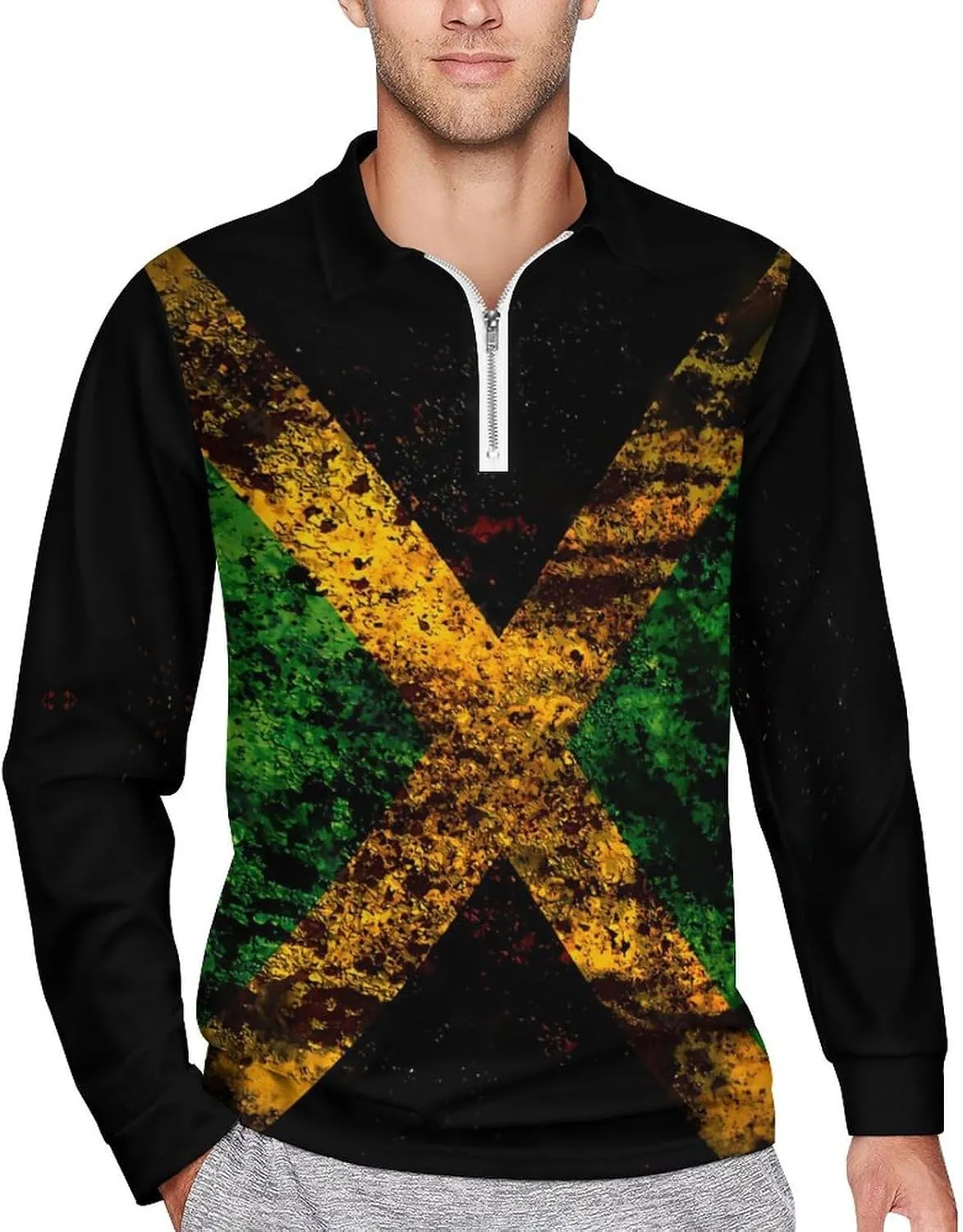 Jamaican Flag Men's Lapel Neck Polo- Shirts Slim Fit Long Sleeve Golf T-Shirts Casual Tees