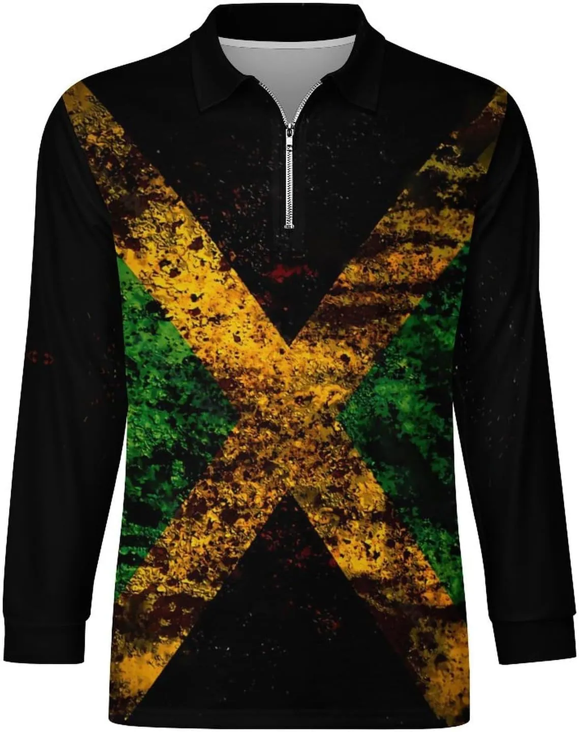 Jamaican Flag Men's Lapel Neck Polo- Shirts Slim Fit Long Sleeve Golf T-Shirts Casual Tees