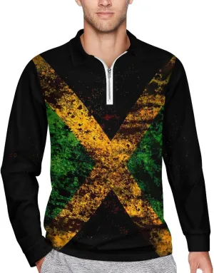 Jamaican Flag Men's Lapel Neck Polo- Shirts Slim Fit Long Sleeve Golf T-Shirts Casual Tees