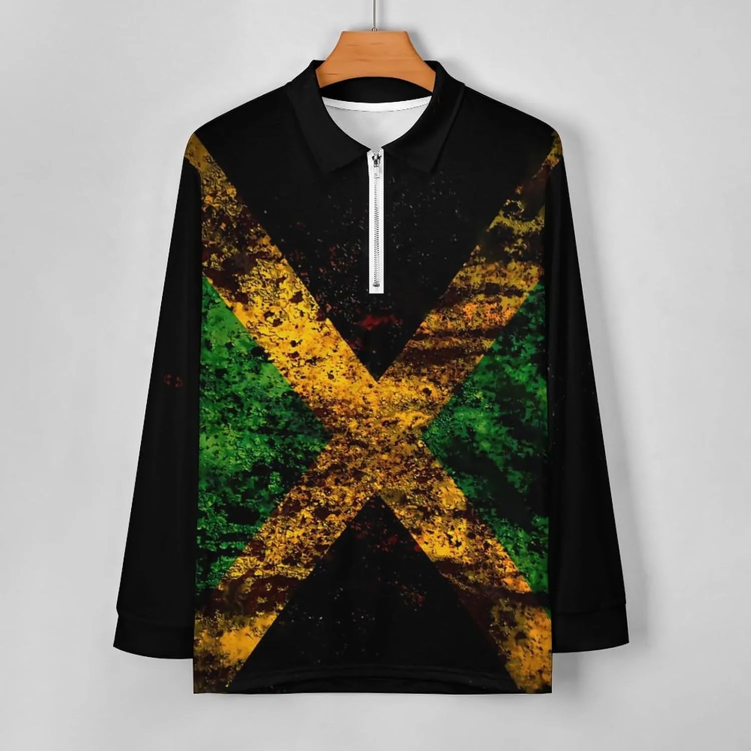 Jamaican Flag Men's Lapel Neck Polo- Shirts Slim Fit Long Sleeve Golf T-Shirts Casual Tees