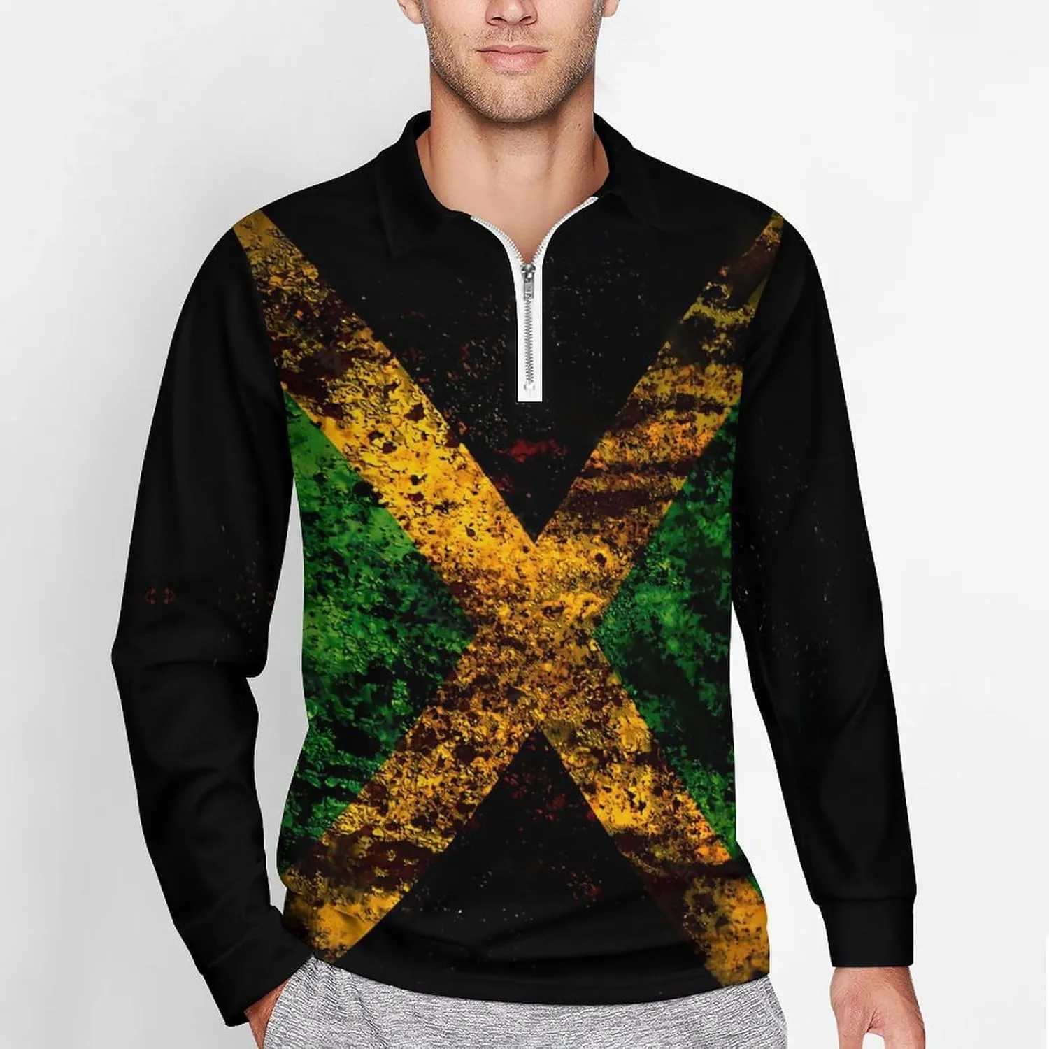 Jamaican Flag Men's Lapel Neck Polo- Shirts Slim Fit Long Sleeve Golf T-Shirts Casual Tees