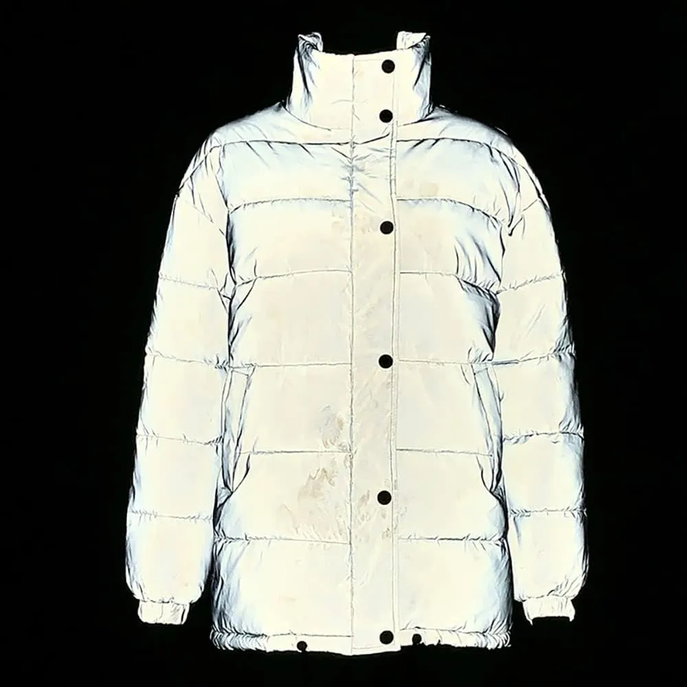 Janepam Women Coat Parka Reflected Light Cropped/Long Cotton Fill Puffer Padded Warm Party Solid Color Pocket Overcoat