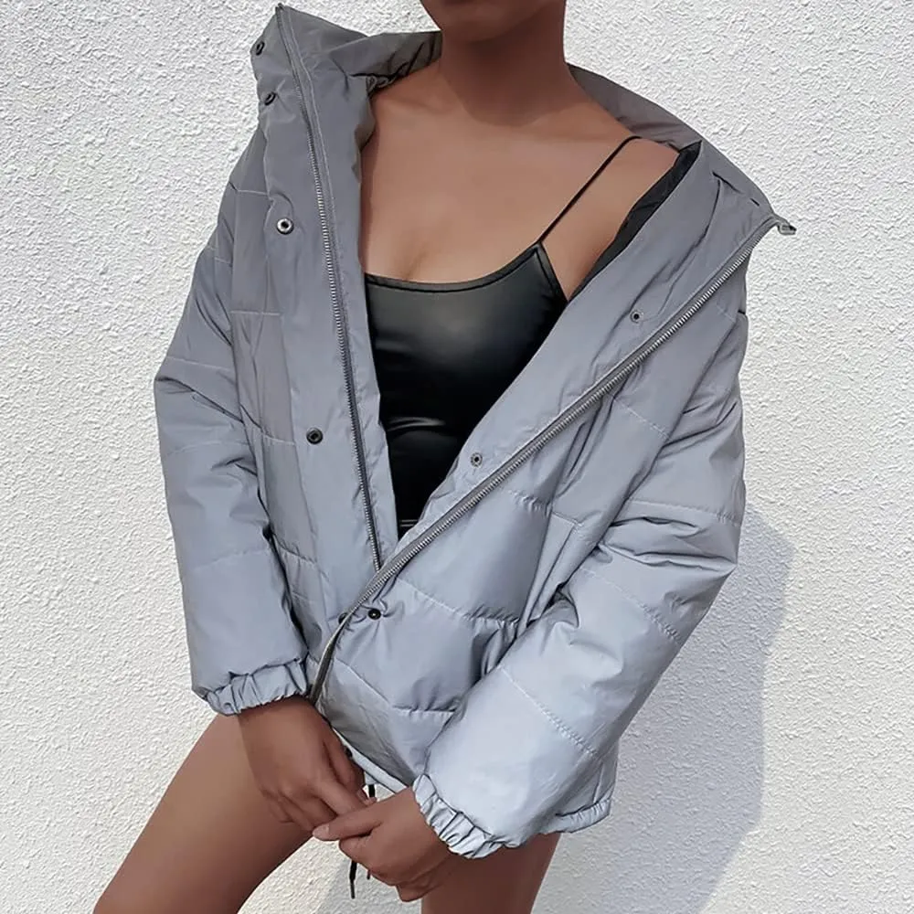 Janepam Women Coat Parka Reflected Light Cropped/Long Cotton Fill Puffer Padded Warm Party Solid Color Pocket Overcoat