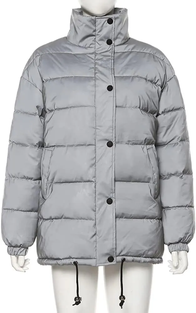 Janepam Women Coat Parka Reflected Light Cropped/Long Cotton Fill Puffer Padded Warm Party Solid Color Pocket Overcoat