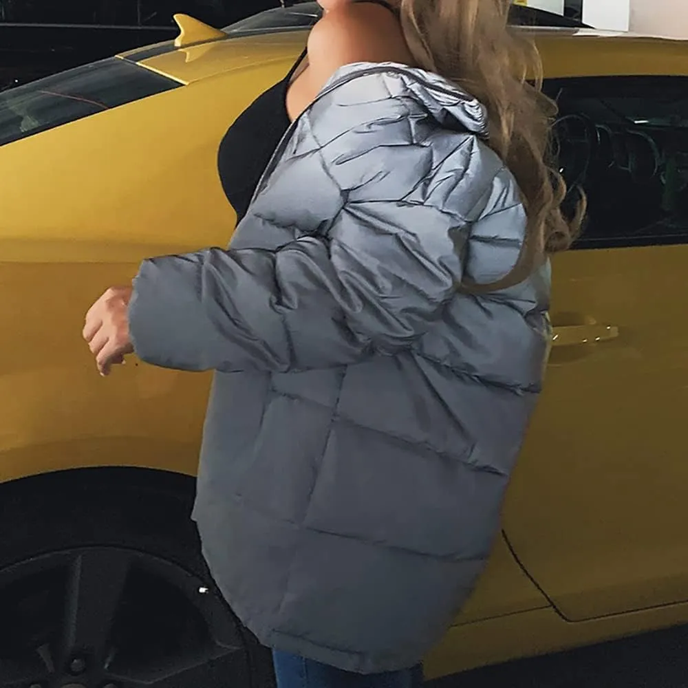 Janepam Women Coat Parka Reflected Light Cropped/Long Cotton Fill Puffer Padded Warm Party Solid Color Pocket Overcoat