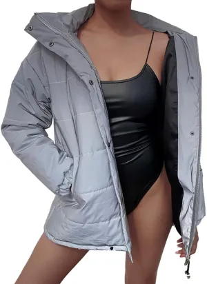 Janepam Women Coat Parka Reflected Light Cropped/Long Cotton Fill Puffer Padded Warm Party Solid Color Pocket Overcoat