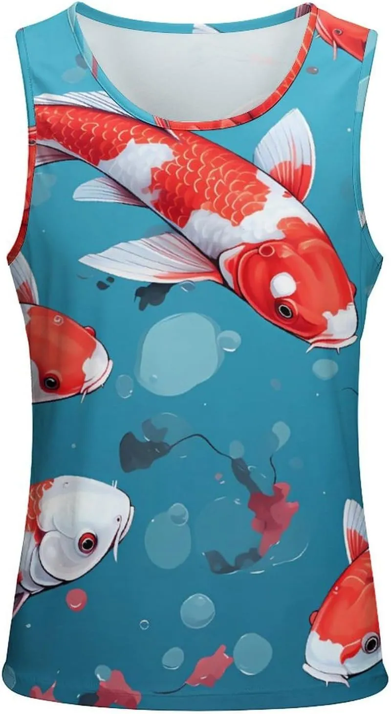Japanese Fish Pattern Mens Tank Top Undershirt Sleeveless Gym Vest Workout T-Shirts