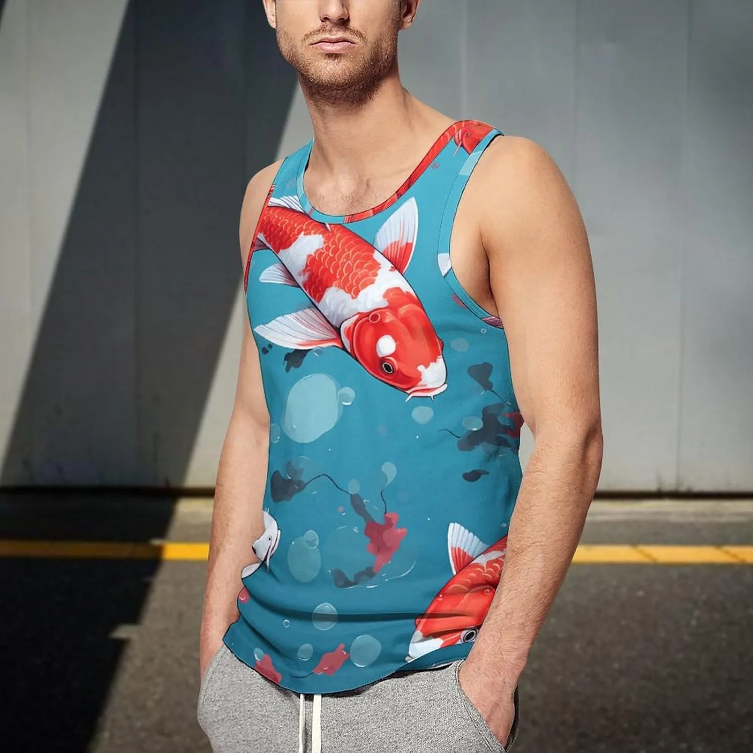 Japanese Fish Pattern Mens Tank Top Undershirt Sleeveless Gym Vest Workout T-Shirts