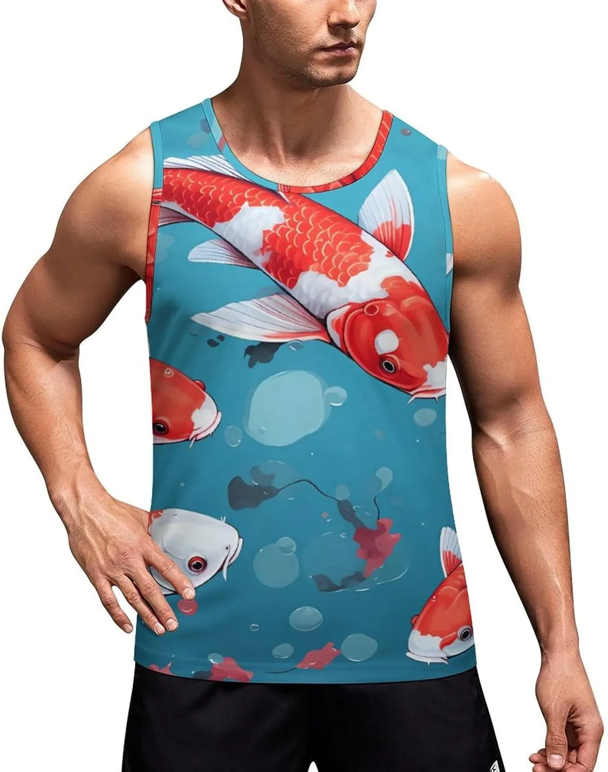 Japanese Fish Pattern Mens Tank Top Undershirt Sleeveless Gym Vest Workout T-Shirts