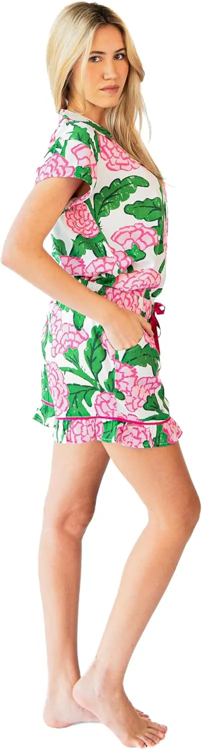 Jaye's Studio Women's Ophelia Pajama Set  Soft Pink & Green 2-Piece Summer Loungewear with Ruffles, Cozy & Printed Shorts