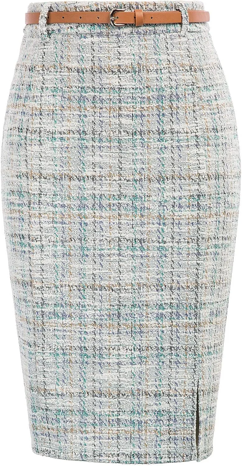 Kate Kasin Women's Tweed Pencil Skirt Knee Length High Waisted Skirts with Slit Elegant Skirts with Belt
