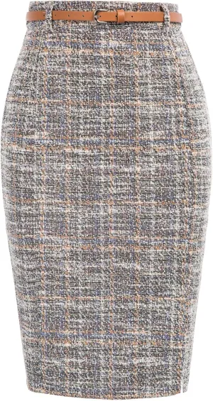 Kate Kasin Women's Tweed Pencil Skirt Knee Length High Waisted Skirts with Slit Elegant Skirts with Belt