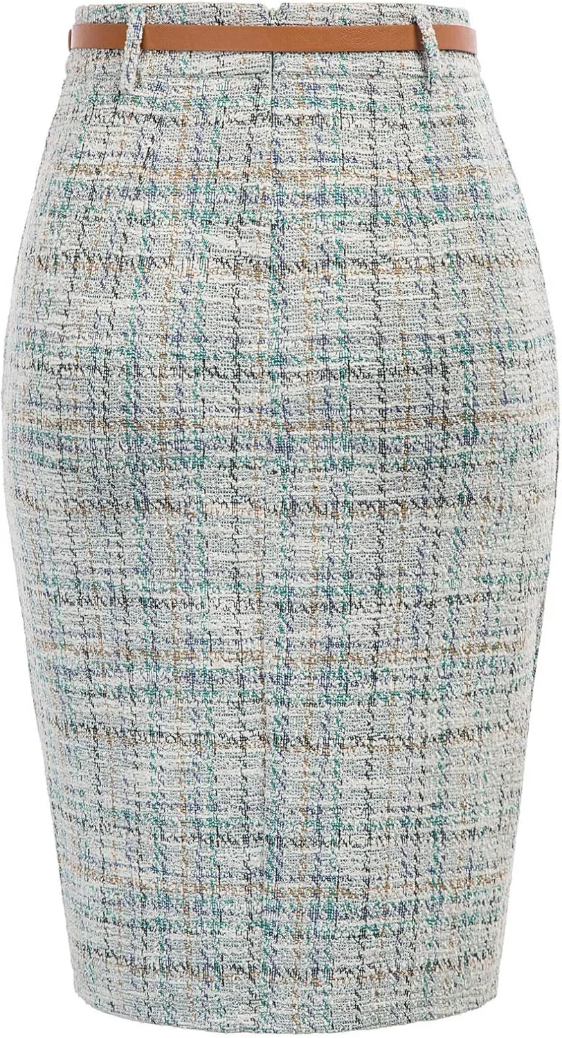Kate Kasin Women's Tweed Pencil Skirt Knee Length High Waisted Skirts with Slit Elegant Skirts with Belt