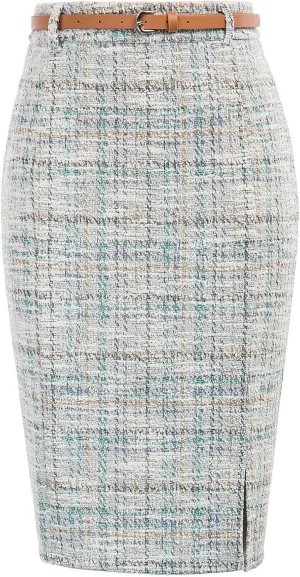 Kate Kasin Women's Tweed Pencil Skirt Knee Length High Waisted Skirts with Slit Elegant Skirts with Belt