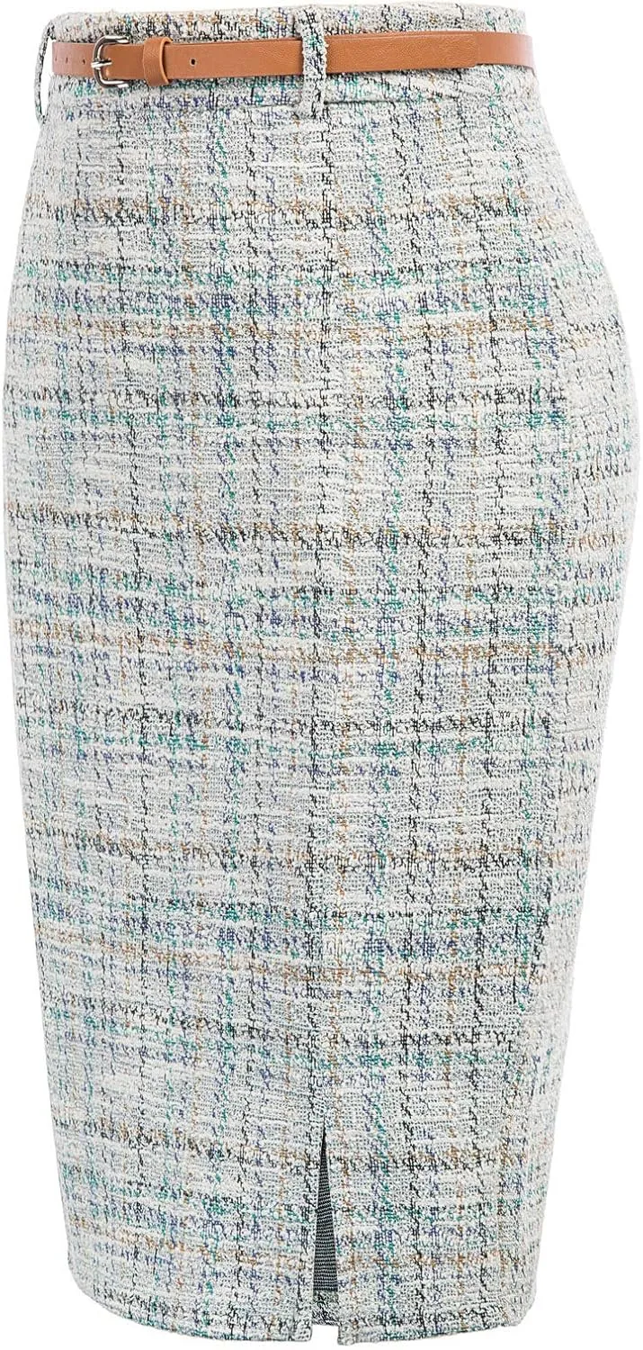 Kate Kasin Women's Tweed Pencil Skirt Knee Length High Waisted Skirts with Slit Elegant Skirts with Belt