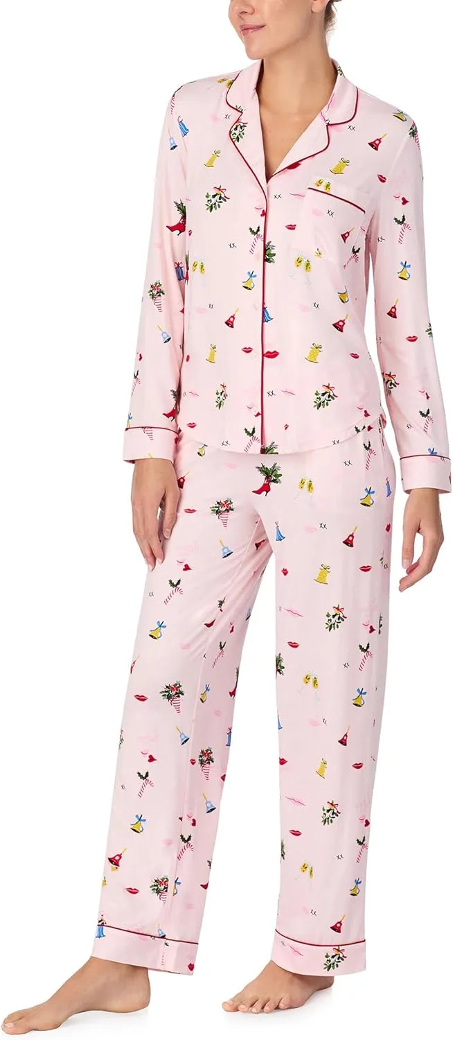 kate spade new york Women's Notch Collar Long Sleeve & Pant Pajama 2 Piece Pajama Set, Brushed Cozy Jersey